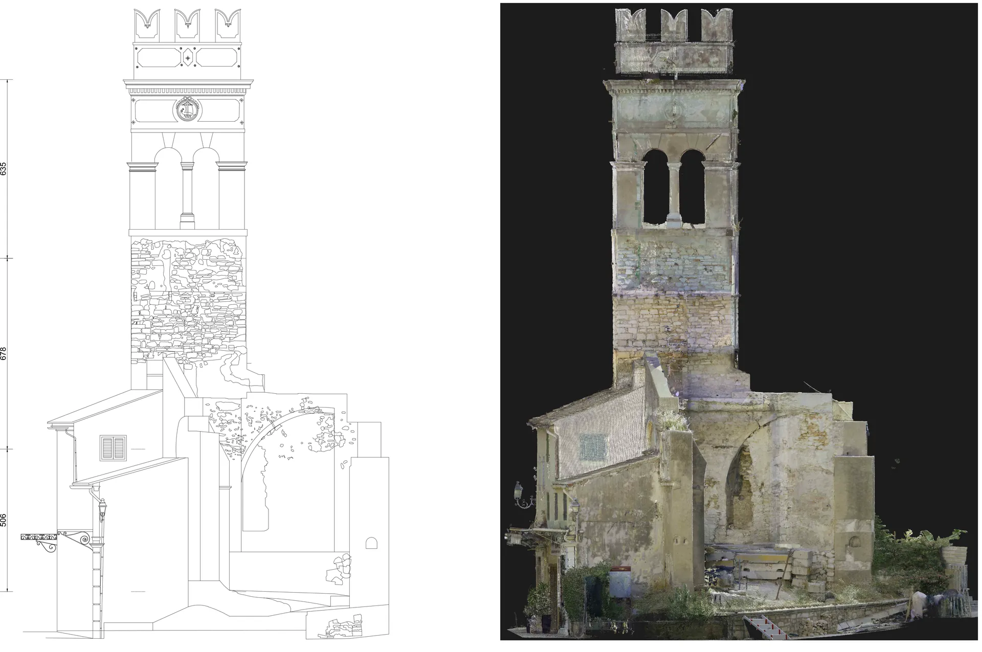 Élévation du clocher de l’Annunziata en DWG, à côté de l’orthophoto de la même élévation issue du nuage de points