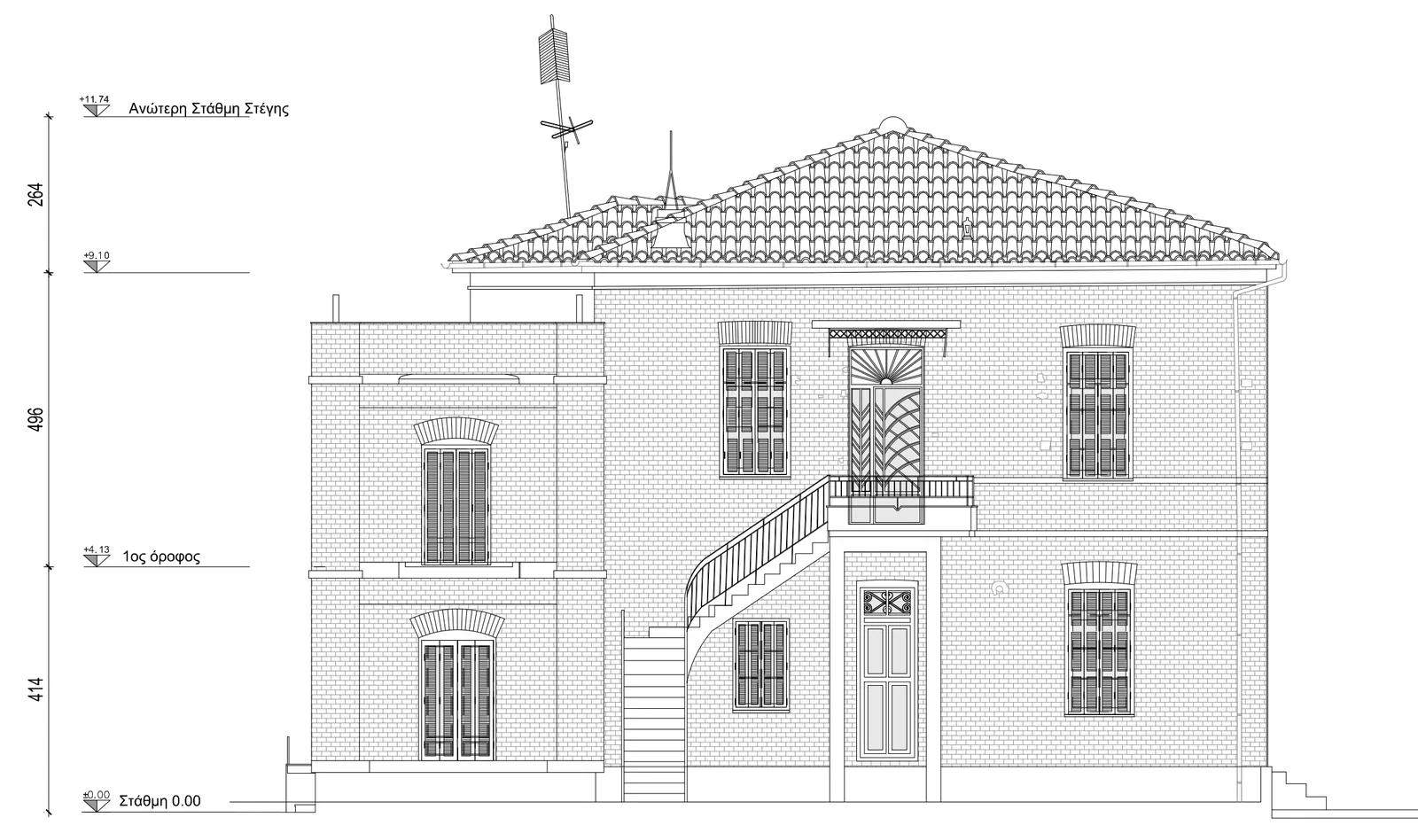 Όψη διατηρητέου κτιρίου σε DWG με στάθμες, σχεδιασμένη από νέφος σημείων